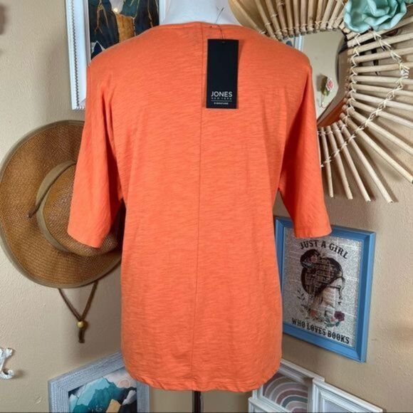 Jones New York Slub Knit V-NECK Short Sleeve Slit Orange T-Shirt Sz Small - Picture 4 of 10